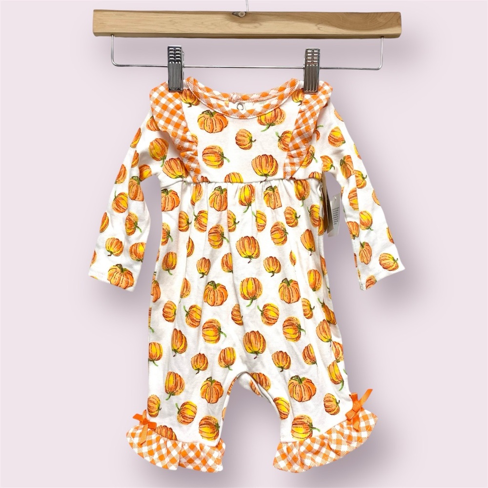 Fall Pumpkin Plaid Ruffle Romper 3 Months Thanksgiving One Piece Outfit NWT